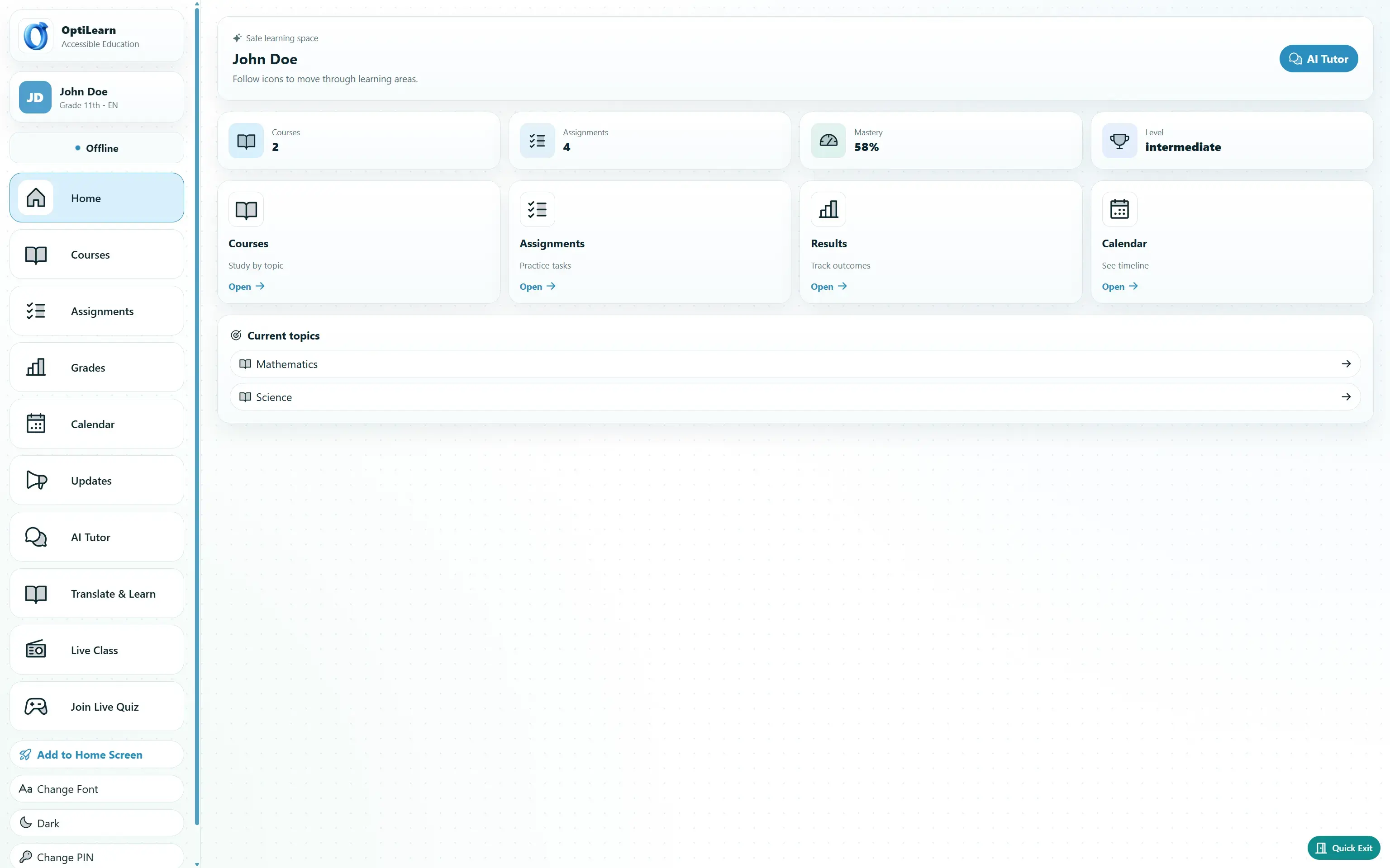 OptiLearn dashboard - live class translation and offline classroom view